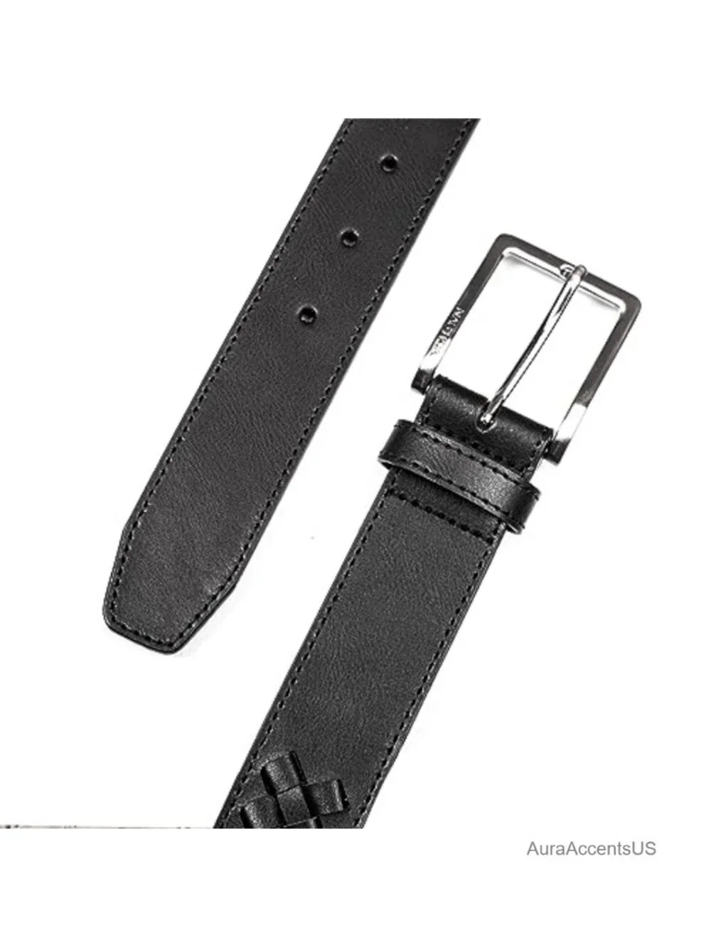 Genuine Leather Dress Belt with Woven Accent Metal Buckle